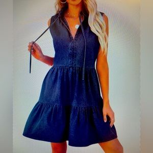 Denim Dress.  Sleeveless Ruffle V-Neck Flowy A-Line Tiered Casual Jean Dress.